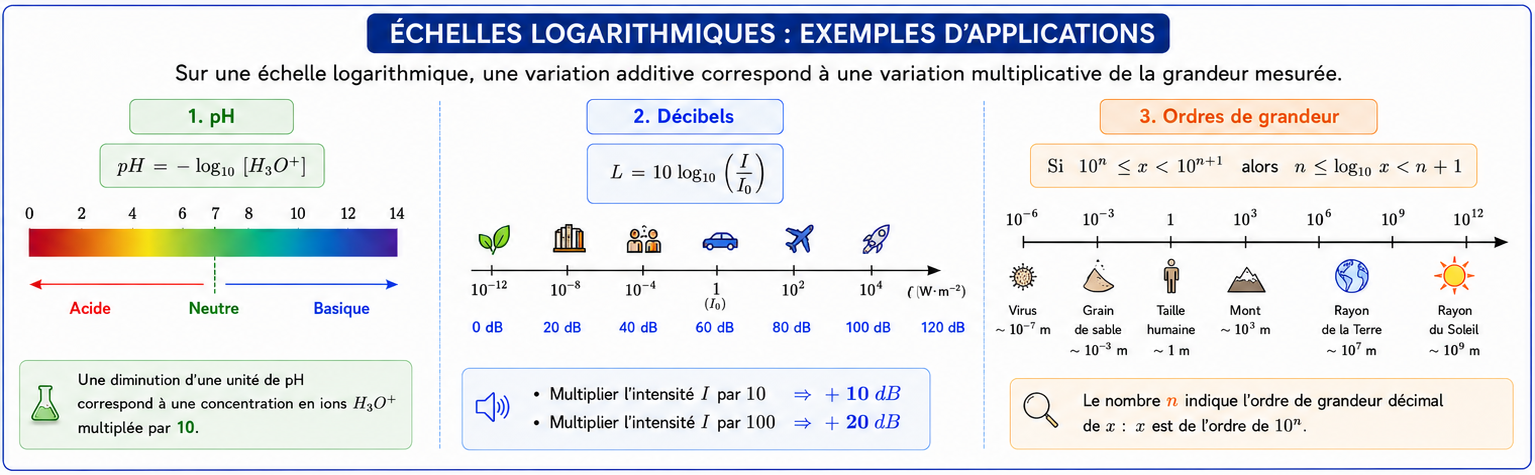 Exemples d’échelles logarithmiques utilisées pour le pH, les décibels et les ordres de grandeur